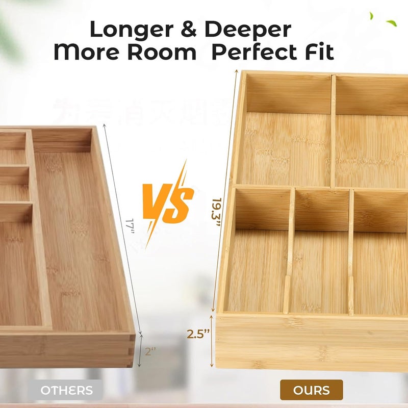 Fabsome Silverware Organizer for Kitchen Drawers, 2.5'' Deep 12.8'' Wide Bamboo Wood Flatware Tray with Deep Slots for Large Cutlery Utensil Drawer - Image 4